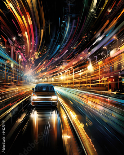 car on the road with motion blur and cityscape background,illustration