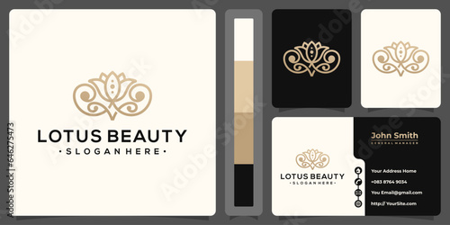 Lotus beauty monoline logo luxury with business card template