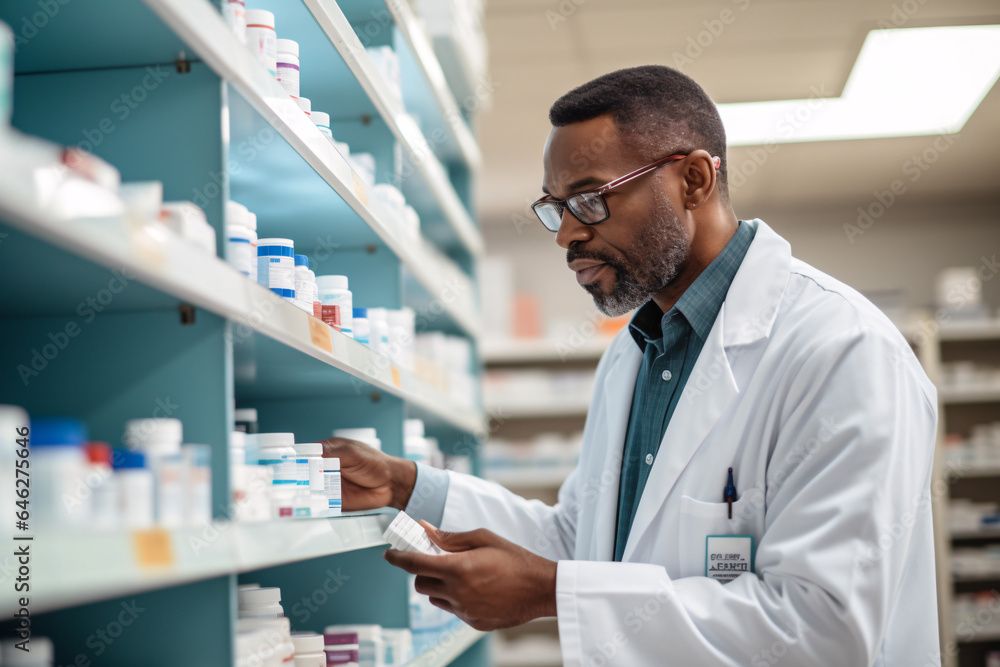 Pharmacist looking for medicine on the shelves