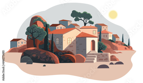 Urban landscape in the style of the old european mediterranean with orange tiled roofs rocks and trees, tourism concept isolated on white background