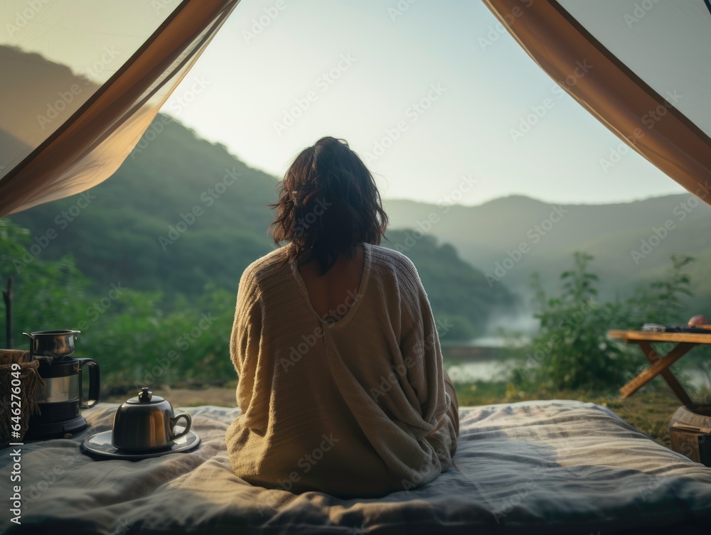 Rear view of young woman sitting in the morning while camping and tent, view outside the tent.