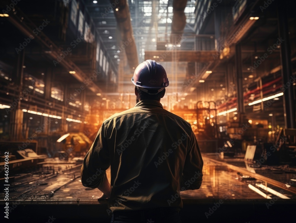 Construction Worker at Work: Rear View in the Workplace Construction Worker at Work: Rear View in the Workplace