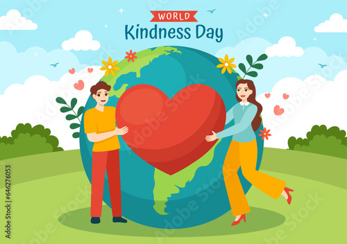 Happy World Kindness Day Vector Illustration on November 13 with Earth and Love for Charitable Assistance in Flat Cartoon Background Templates