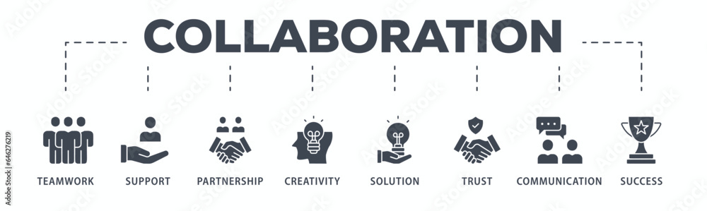 Collaboration banner web icon glyph silhouette with icon of teamwork, support, partnership, creativity, solution, trust, communication, success Collaboration banner web icon glyph silhouette with icon of teamwork, support, partnership, creativity, solution, trust, communication, success