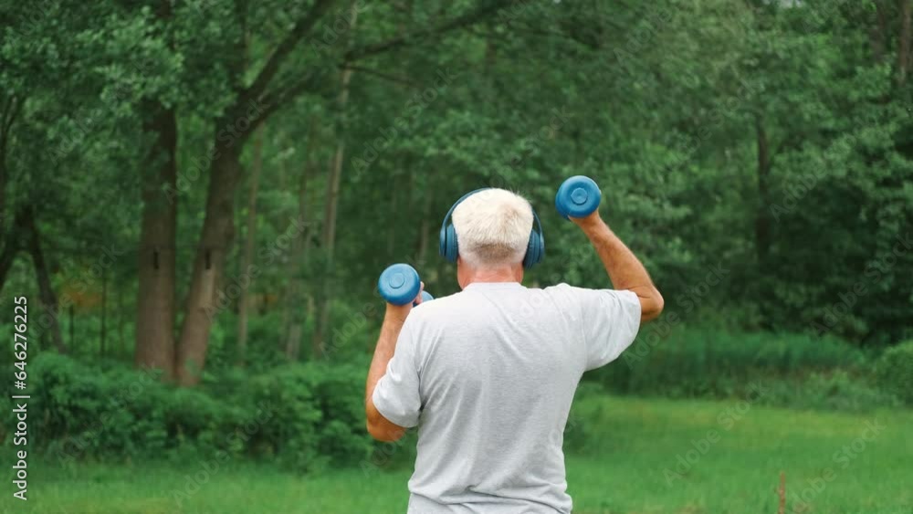 Senior man working out outdoors. Person lifting dumbbells. Old male exercising at park. Healthy people lifestyle. Active sport training. Older elderly sportsman doing fitness exercise. Workout session Senior man working out outdoors. Person lifting dumbbells. Old male exercising at park. Healthy people lifestyle. Active sport training. Older elderly sportsman doing fitness exercise. Workout session