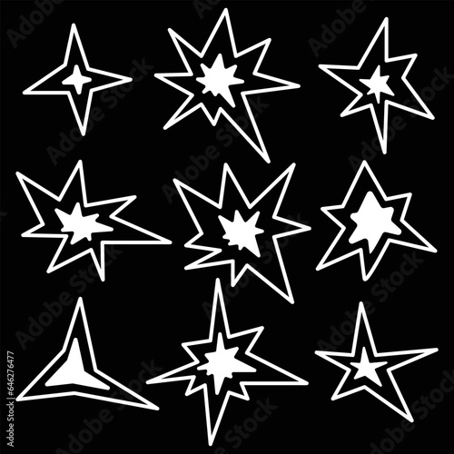A set of white stars and a contour. Bright sparks on black  the symbol of fireworks  the glow of a star. Shimmering decoration  glowing light effect. Vector illustration of isolated flicker  flashes