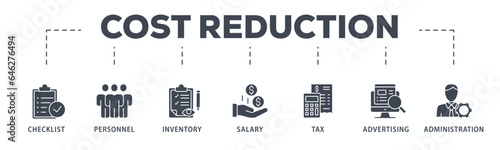 Cost reduction banner web icon glyph silhouette with icon of checklist, personnel, inventory, salary, tax, advertising and administration