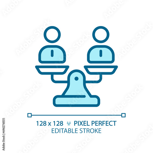 2D pixel perfect editable blue people on weight scale icon, isolated vector, thin line illustration representing comparisons.