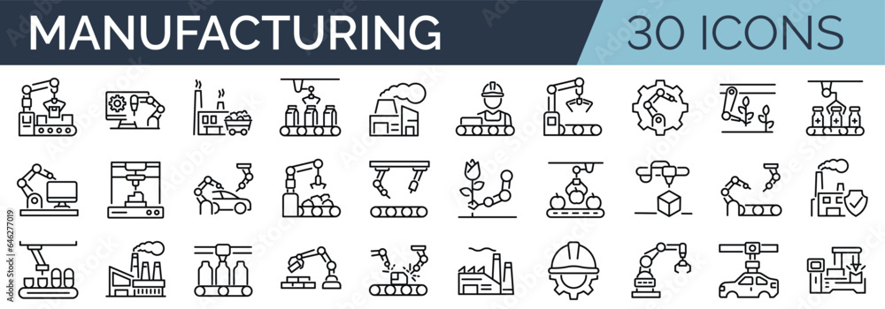 Set of 30 outline icons related to manufacturing, production. Linear icon collection. Editable stroke. Vector illustration