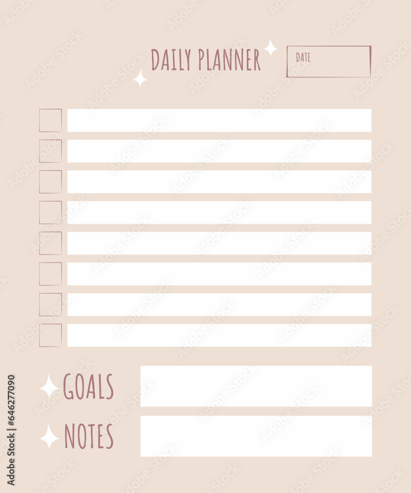 Vector daily planner in pink color. Organizer page for the day, fields for text, to-do list, notes, goals. Template for notepad, diary, organizer, eps 10, in flat style. - obrazy, fototapety, plakaty 