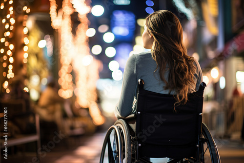 Young handicapped woman in wheelchair in the street evening, enjoying a walk outdoors, Ai generative..