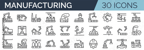 Set of 30 outline icons related to manufacturing, production. Linear icon collection. Editable stroke. Vector illustration
