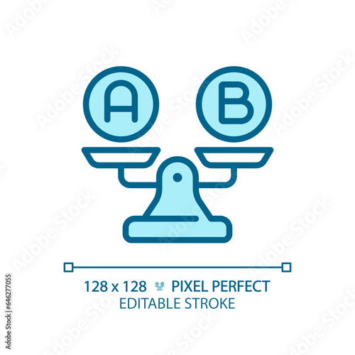 2D pixel perfect editable blue A and B on weight scale icon, isolated vector, thin line illustration representing comparisons.