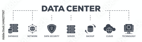 Data center banner web icon glyph silhouette with icon of database, network, data security, server, backup, cloud and technology