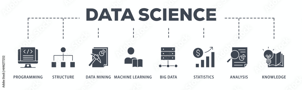 Data science banner web icon glyph silhouette with icon of data, classification, analyze, statistics, solving, decision and knowledge Data science banner web icon glyph silhouette with icon of data, classification, analyze, statistics, solving, decision and knowledge