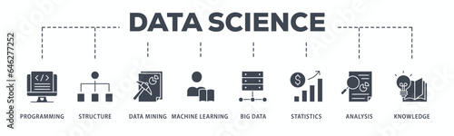 Data science banner web icon glyph silhouette with icon of data, classification, analyze, statistics, solving, decision and knowledge