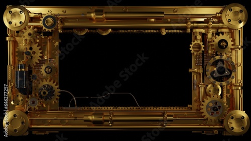 metal frame with gear mechanism, in the style of golden metal, abstraction, steampunk background, 3d render