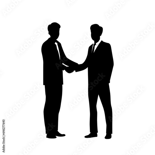 Silhouettes of men in full height shake hands. Male handshake of business partners. Vector illustration