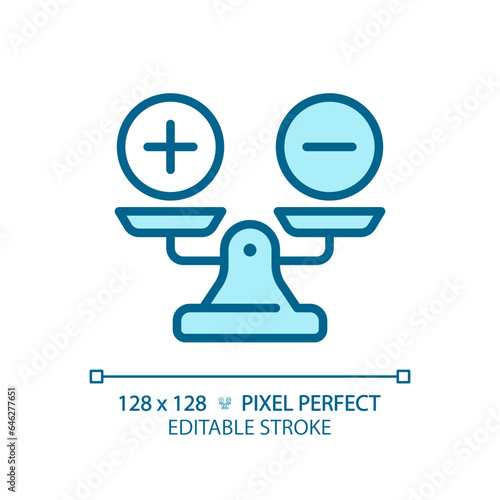 2D pixel perfect editable blue weight scale with plus and minus icon, isolated vector, thin line illustration representing comparisons.