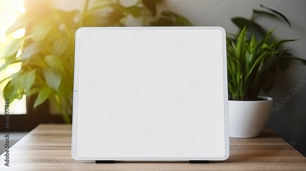Mockup white screen tablet on stand holder on white best table with duplicate space Mockup white screen tablet on stand holder on white best table with duplicate space