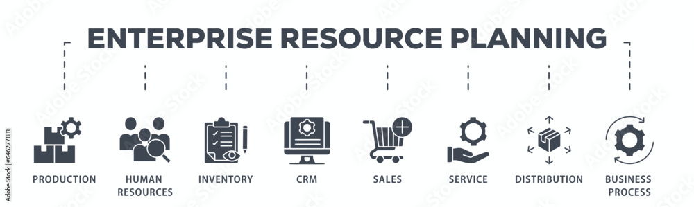 Enterprise resource planning banner web icon glyph silhouette with icon of production, human resources, inventory, crm, sales, service, distribution, business process Enterprise resource planning banner web icon glyph silhouette with icon of production, human resources, inventory, crm, sales, service, distribution, business process