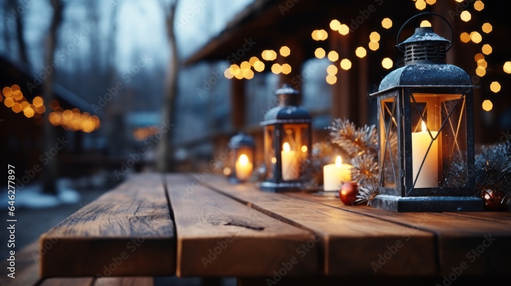 Lantern with candle on wooden table with a festive Christmas