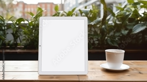 Mockup clear screen tablet with enrichment on white table and dark foundation imaginative workspace in dull color