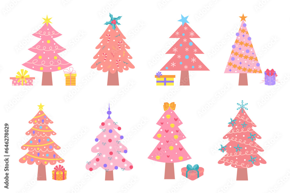Pink christmas trees set. Cute pastel decorated Christmas trees with presents. Winter holidays glamour decorative collection.