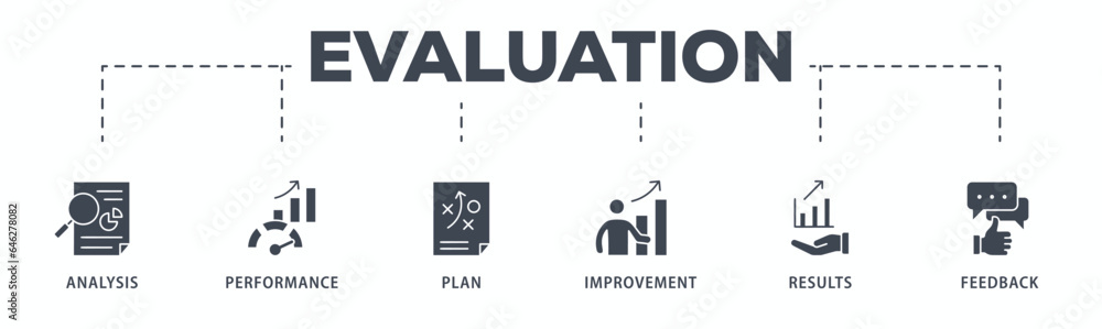 Evaluation banner web icon glyph silhouette assessment system of business and organization standard with analysis, performance, plan, improvement, results, and feedback icon Evaluation banner web icon glyph silhouette assessment system of business and organization standard with analysis, performance, plan, improvement, results, and feedback icon