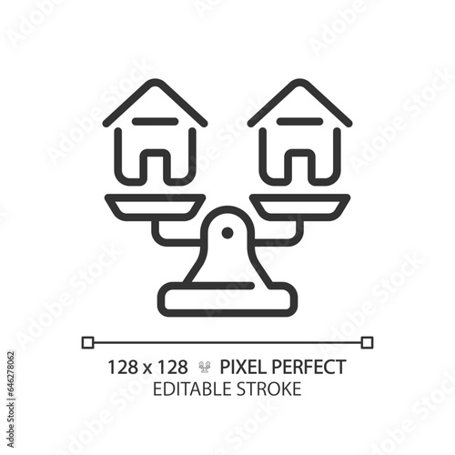 2D pixel perfect customizable black houses on weight scale icon, isolated vector, thin line illustration representing comparisons.
