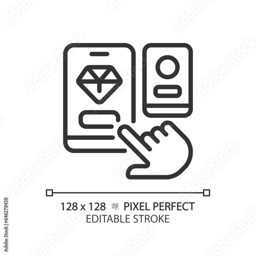 2D pixel perfect customizable black choosing app icon, isolated vector, thin line illustration representing comparisons.