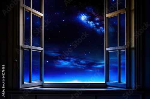 Window view of outer space. Through the window frame.