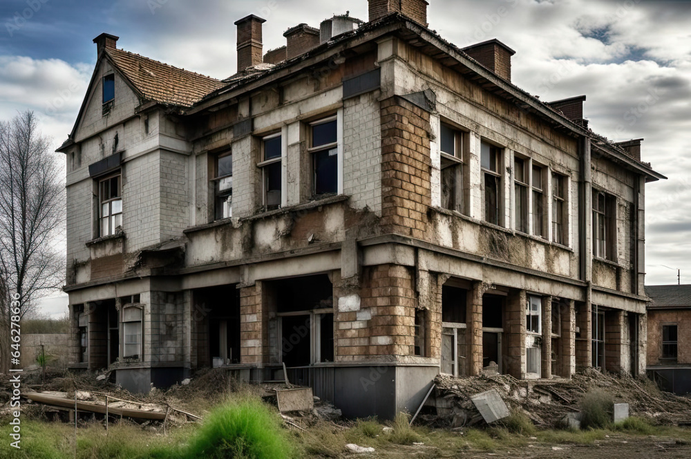 An abandoned two-story building, old and dilapidated. A terrible place. Scary house.