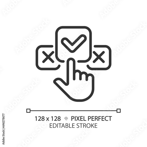 2D pixel perfect customizable black clicking on check mark icon, isolated vector, thin line illustration representing comparisons.