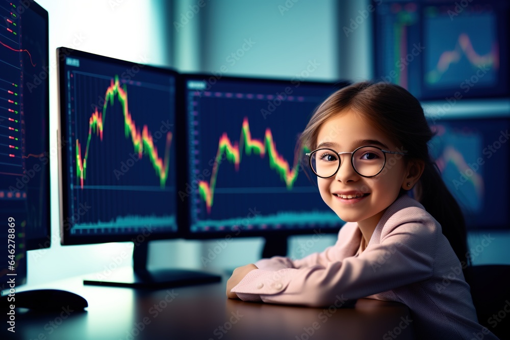Portrait of a cute little girl in glasses and a business suit sitting at the table in front of a computer monitor with a stock chart.Generative Ai Portrait of a cute little girl in glasses and a business suit sitting at the table in front of a computer monitor with a stock chart.Generative Ai