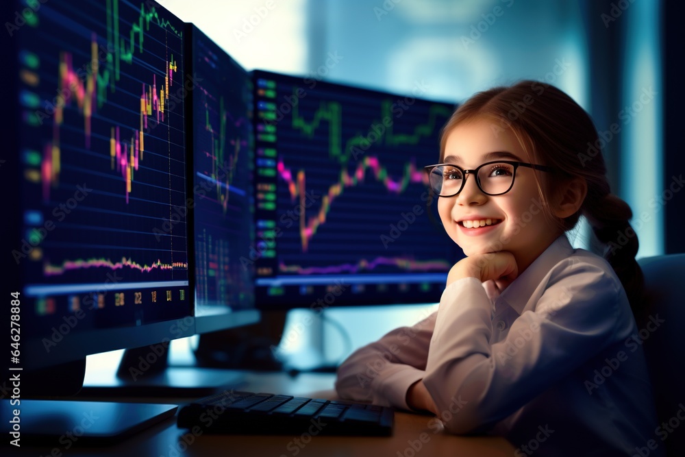 Portrait of a cute little girl in glasses and a business suit sitting at the table in front of a computer monitor with a stock chart.Generative Ai Portrait of a cute little girl in glasses and a business suit sitting at the table in front of a computer monitor with a stock chart.Generative Ai