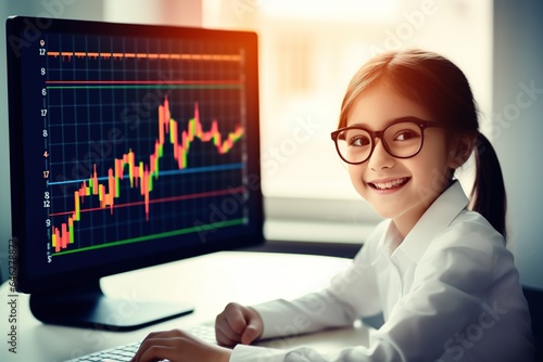 Portrait of a cute little girl in glasses and a business suit sitting at the table in front of a computer monitor with a stock chart.Generative Ai