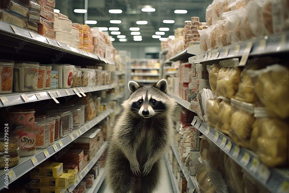 A raccoon in a supermarket, exploring the aisles. - obrazy, fototapety, plakaty 