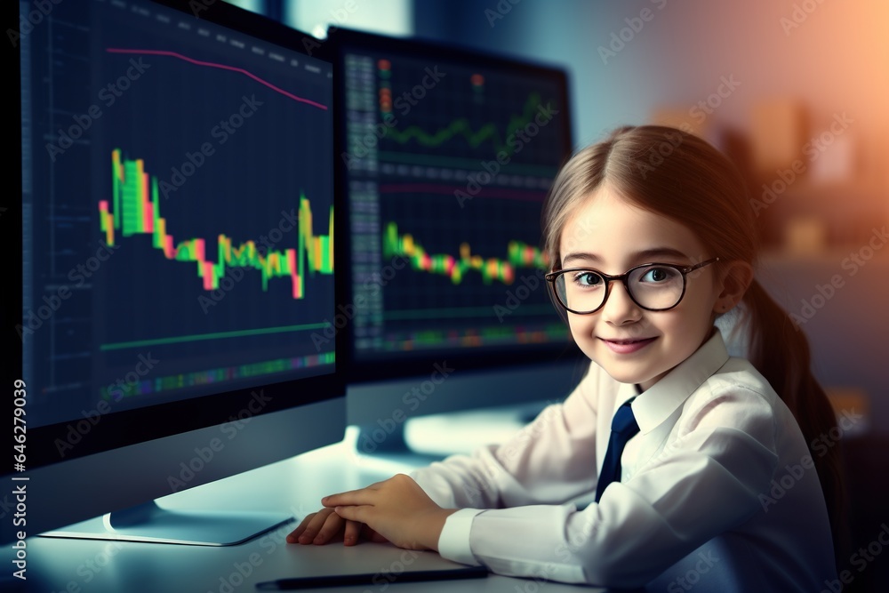 Portrait of a cute little girl in glasses and a business suit sitting at the table in front of a computer monitor with a stock chart.Generative Ai