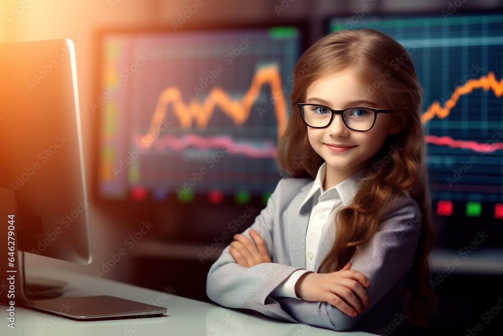 Portrait of a cute little girl in glasses and a business suit sitting at the table in front of a computer monitor with a stock chart.Generative Ai Portrait of a cute little girl in glasses and a business suit sitting at the table in front of a computer monitor with a stock chart.Generative Ai