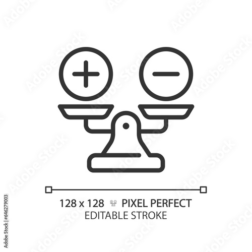 2D pixel perfect customizable black weight scale with plus and minus icon, isolated vector, thin line illustration representing comparisons.