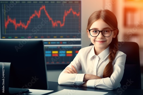 Portrait of a cute little girl in glasses and a business suit sitting at the table in front of a computer monitor with a stock chart.Generative Ai © Rudsaphon