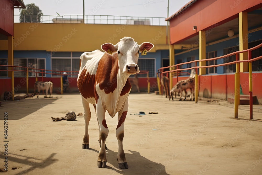A cow wandering through a school playground A cow wandering through a school playground