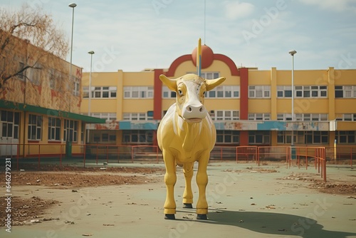 A cow wandering through a school playground