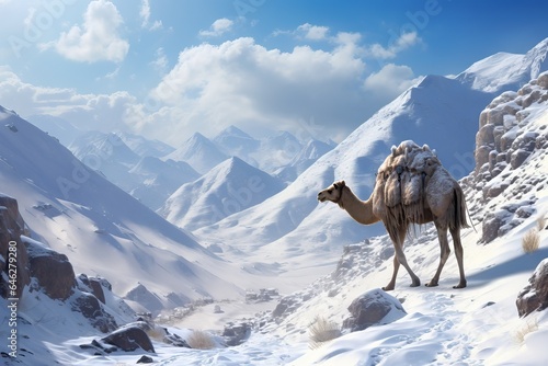 A camel walking through a snowy mountain pass.