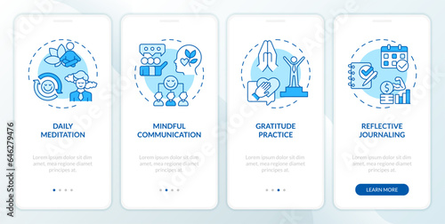 2D icons representing mindful entrepreneurship mobile app screen set. Walkthrough 4 steps blue graphic instructions with line icons concept, UI, UX, GUI template.