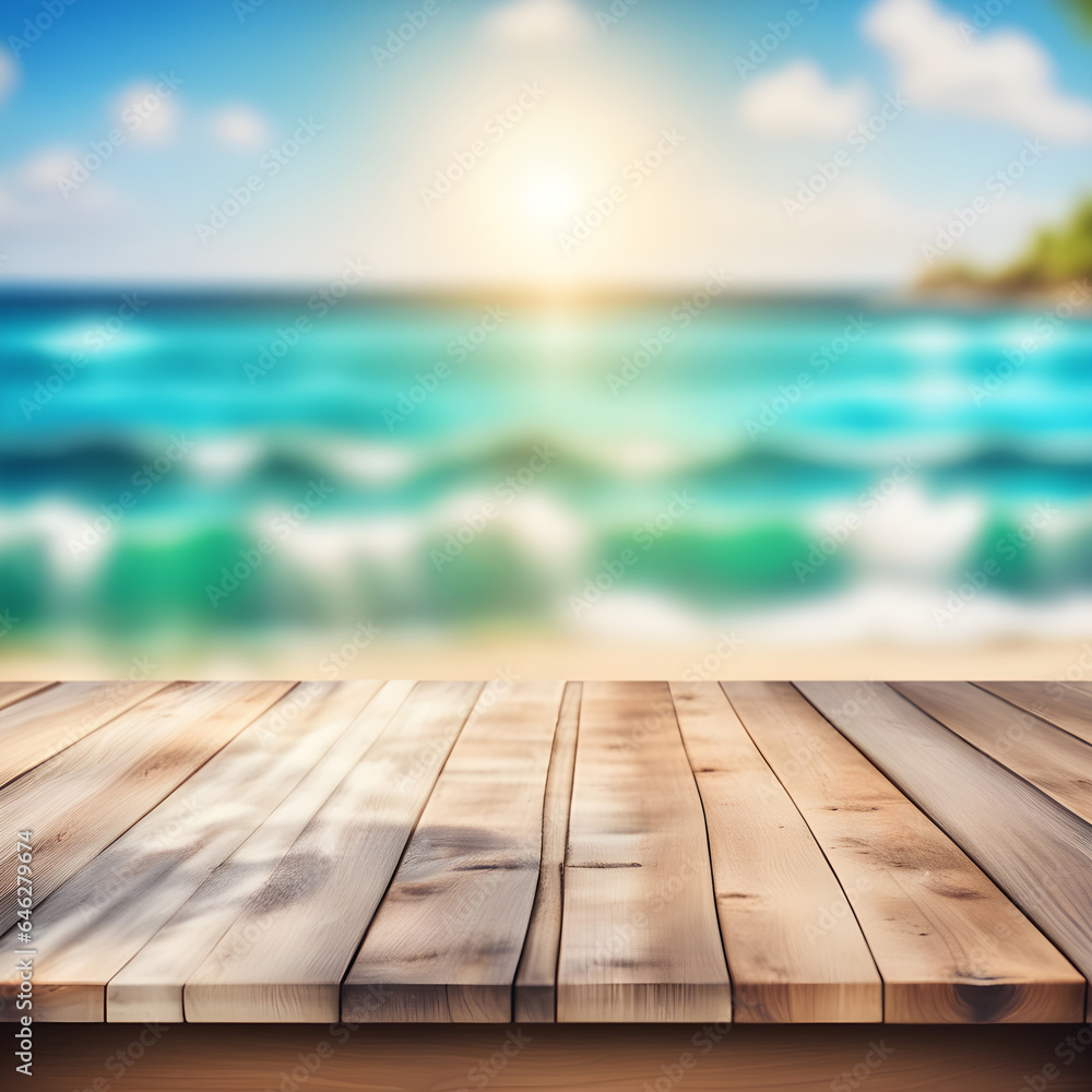 Empty wooden table, blurred summer sea background with copy space for your product