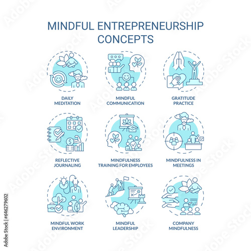 2D editable blue thin line icons set representing mindful entrepreneurship, isolated vector, linear illustration.