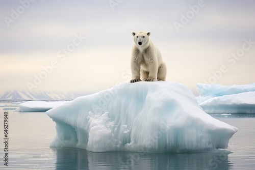An evocative illustration of a polar bear standing on a drifting iceberg, far from its natural Arctic habitat, portraying the stark reality of climate change and its impact on wildlife.