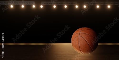 Basketball ball on wooden floor and sport arena with tribunes and lights in blurred background © naito29